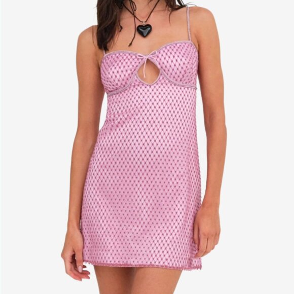 NWT For Love & Lemons Glitter Slip Dress Pink Sequin Mesh Mini Dress Size L - Picture 1 of 16